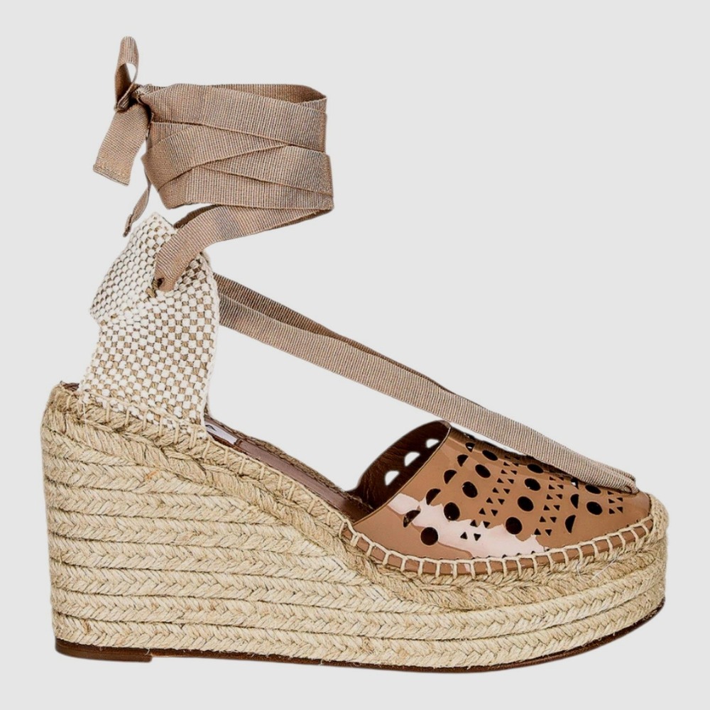 Alaïa Vienne Espadrille Wedge EU 41 US 11 Beige Tan Laser Cut Lace Up Platform